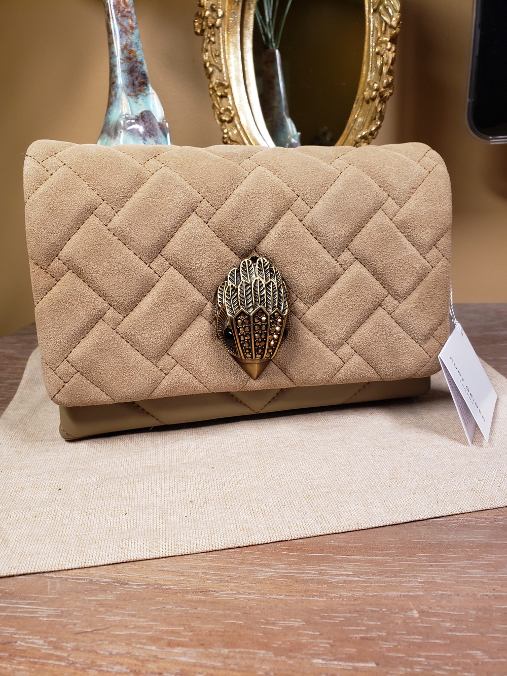 Kurt Geiger Tan Quilted Crossbody Bag w/ Brass Crystal Embellished Eagle NWT! - Picture 3 of 15